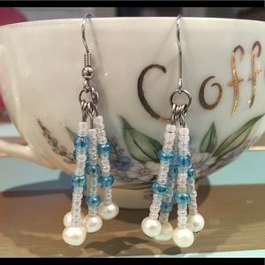 White and blue drop earrings